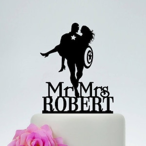 Captain America bruidstaarttopper, meneer en mevrouw caketopper, aangepaste caketopper, superheld caketopper, Captain America Silhouette C246
