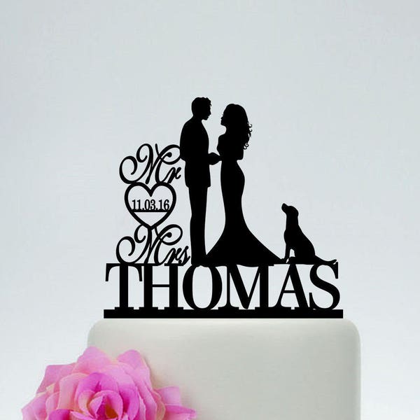 Mr and Mrs Cake Topper,Bride and Groom With Dog,Couple Silhouette,Custom Wedding Cake Topper,Dog Cake Topper, Cake Topper with Date C184