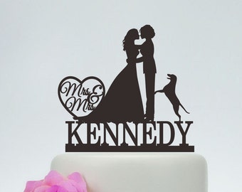 Mrs and Mrs Wedding Cake Topper,Same Sex Cake Topper,lesbian Cake Topper,Personalized Cake Topper with Dog,lesbian silhouette,- C147