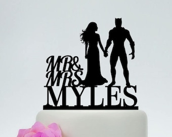 Black Panther Cake Topper, Super Hero Wedding, Mr and Mrs Cake Topper,Bride And Groom Wedding,Custom Cake Topper,Rustic Cake Topper C190