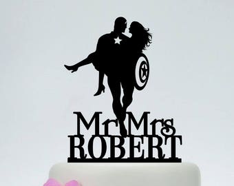 Captain America Wedding Cake Topper,Mr and Mrs Cake Topper,Custom Cake Topper, Super Hero Cake Topper, Captain America Silhouette C246