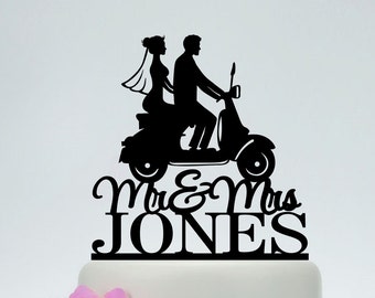 Mr and Mrs Wedding Cake Topper, Last Name Cake Topper,Bride and Groom On scooter Silhouette,Custom Cake Topper,Scooter Cake Topper C173