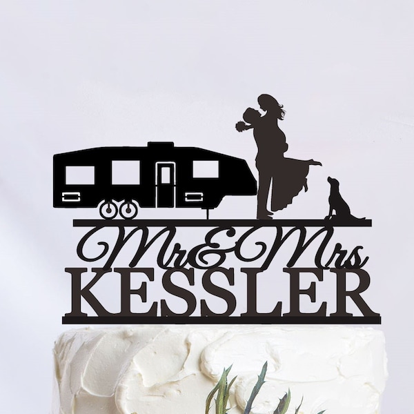 Camping Cake Topper, Hiking Couple Wedding Cake Topper, RV Theme Decor, Adventure Cake Topper ,Mr & Mrs Wedding Cake Topper C341