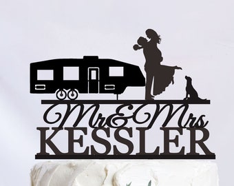 Camping Cake Topper, Hiking Couple Wedding Cake Topper, RV Theme Decor, Adventure Cake Topper ,Mr & Mrs Wedding Cake Topper C341