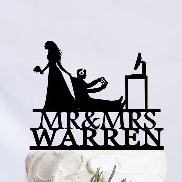 Bride Pulling Groom, Bride Dragging Groom, Gamer Wedding Cake Topper, Custom Video Game Cake Topper, Mr and Mrs Cake Topper C293