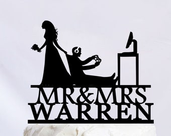 Bride Pulling Groom, Bride Dragging Groom, Gamer Wedding Cake Topper, Custom Video Game Cake Topper, Mr and Mrs Cake Topper C293