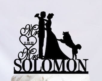 Cake Topper Hochzeit, Mr und Mrs Cake Topper, Brautpaar Cake Topper mit Hund, Cake Topper C311