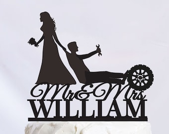 Auto Mechanic Cake Topper, Car Mechanic Cake Topper, Bride Dragging Groom, Car Fixer Cake Topper, Mr and Mrs Cake Topper C342