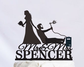 Welder Cake Topper,  Welding Soldering Blowtorch Cake Topper, Bride Dragging Groom, Welding Cake Topper, Mr and Mrs Cake Topper C345