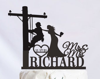Electrician Cake Topper, Builder  Cake Topper, Bride and Groom Wedding Cake Topper, Power Electrician Lineman Mr and Mrs Cake Topper C346