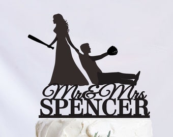 Baseball Player Cake Topper, Baseball Wedding Cake Topper, Bride Dragging Groom, Baseball Theme Party Decor, Mr and Mrs Cake Topper C344