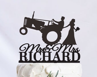 Farmer Wedding Cake Topper, Country Cake Topper, Tractor Cake Topper, Rustic Wedding Cake Topper, Mr and Mrs Cake Topper C360