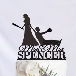 Baseball Player Cake Topper, Baseball Wedding Cake Topper, Bride Dragging Groom, Baseball Theme Party Decor, Mr and Mrs Cake Topper C344
