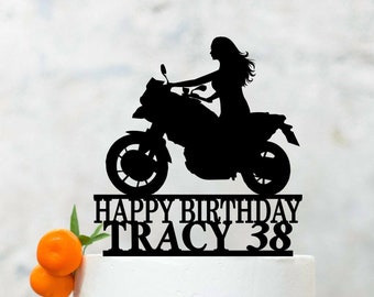 Female Rider Birthday Cake Topper ,Motocycle Cake Topper ,Birthday Biker Cake Topper, Moto Biker Birthday Cake Decoration B034
