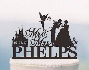 Disney Wedding Cake Topper,Mr and Mrs Cake Topper With Surname,Cinderella and Prince Charming Cake Topper,Tinkerbell Silhouette C170