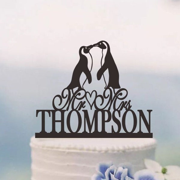Penguin Wedding Cake Topper,Mr and Mrs Cake Topper With Last Name,Custom Cake Topper,Personalized Animal Cake Topper,Penguin Silhouette C247