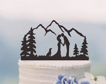 Outdoor Wedding Cake Topper,Bride and Groom, Dog Cake Topper,Custom Mountain Cake Topper,Personalized Cake Topper,Tree Cake Topper C172