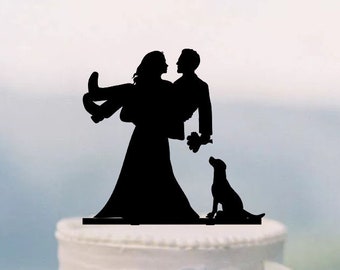 Bride And Groom Cake Topper With A Dog,Wedding Cake Topper,Custom Cake Topper,Couple Silhouette,Funny Cake Topper P129