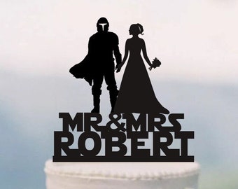 Star War Wedding Cake Topper, Mandalorian Couple Cake Topper, Mandalorian Party Theme Decor , Bounty Hunter Cake Topper C350