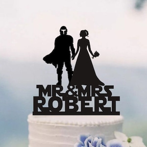 Star War Wedding Cake Topper, Mandalorian Couple Cake Topper, Mandalorian Party Theme Decor , Bounty Hunter Cake Topper C350