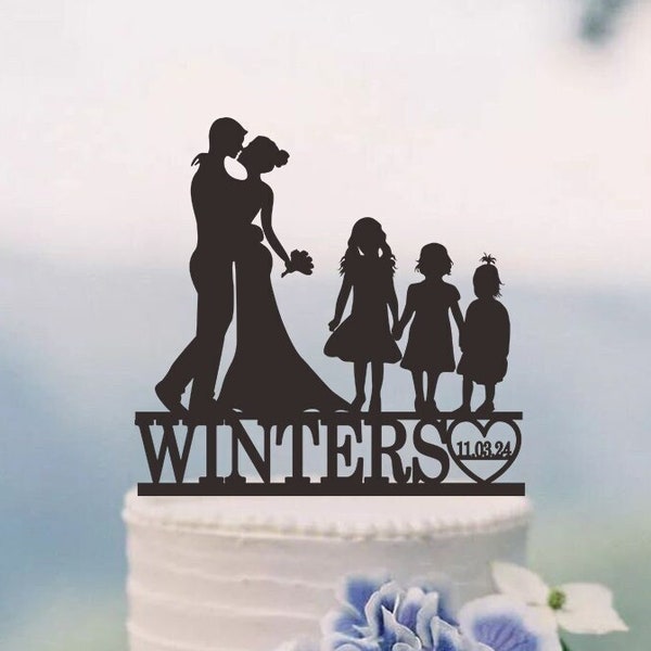 Family Cake Topper,Custom Wedding Topper,Bride and Groom with three little girls Cake Topper,Couple with child Cake Topper C161