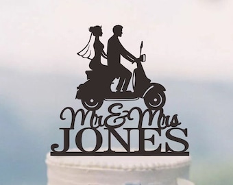 Mr and Mrs Wedding Cake Topper, Last Name Cake Topper,Bride and Groom On scooter Silhouette,Custom Cake Topper,Scooter Cake Topper C173