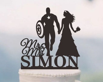 Captain America Cake Topper, Wedding Cake Topper,Mr and Mrs Cake Topper With Surname,Custom Cake Topper, Super Hero Cake Topper  C136
