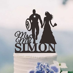 Captain America Cake Topper, Wedding Cake Topper,Mr and Mrs Cake Topper With Surname,Custom Cake Topper, Super Hero Cake Topper  C136
