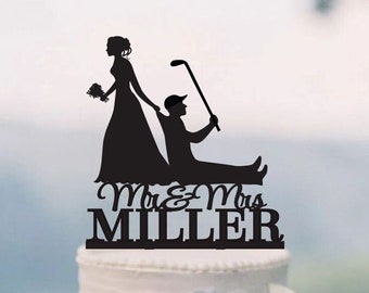 Golf Cake Topper, Bride Pulling Groom, Bride Dragging Groom, Funny Wedding Cake Topper,Mr and Mrs Cake Topper, Golf Wedding C194