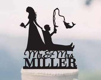 Bride Pulling Groom, Bride Dragging Groom, Funny Cake Topper, Custom Fishing Cake Topper,Mr and Mrs Cake Topper, Outdoor Wedding, C191