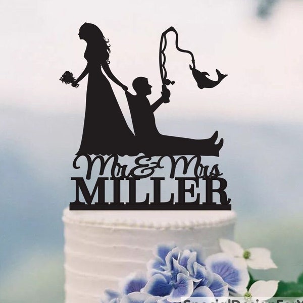 Bride Pulling Groom, Bride Dragging Groom, Funny Cake Topper, Custom Fishing Cake Topper,Mr and Mrs Cake Topper, Outdoor Wedding, C191