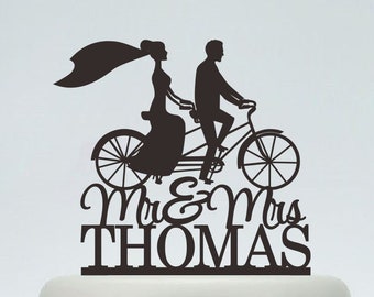 Mr And Mrs Cake Topper With Last Name,Bride And Groom On Bike Silhouette,Custom Cake Topper,Bicycle Cake Topper,Unique Cake Topper C099