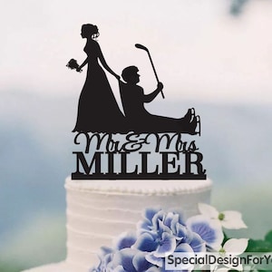 Wedding Cake Topper,Hockey Themed Ball Cake Topper,Bride Dragging Groom Cake Topper,hockey stick cake topper,Mr and Mrs Cake Topper C199
