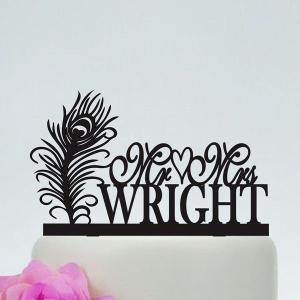 Wedding Cake Topper,Mr And Mrs Cake Topper With Surname and Heart,Custom Cake Topper,Peacock cake topper,Peacock Feather,Acrylic Topper C122
