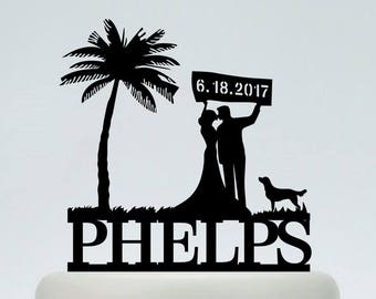 Wedding Cake Topper,Beach Cake Topper,Last Name Cake Topper,Palm Tree Cake Topper,Bride And Groom Cake Topper,Custom Cake Topper C213