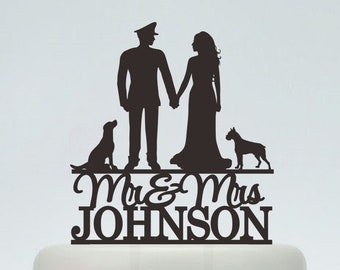 Wedding Cake Topper,Mr and Mrs Cake Topper With Surname,Policeman wedding,Custom Cake Topper,Personalized Topper,Dog Cake Topper C126