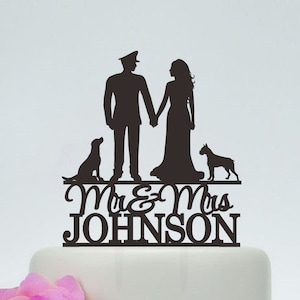 Wedding Cake Topper,Mr and Mrs Cake Topper With Surname,Policeman wedding,Custom Cake Topper,Personalized Topper,Dog Cake Topper C126