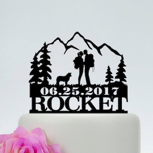 Custom Wedding Cake Topper,Hiking Theme Wedding,Mountain Cake Topper,Backpacking Bride and Groom,Outdoor Wedding,Mountain Hiking Couple C249