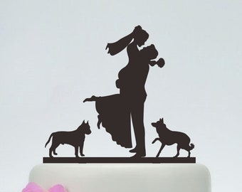 Wedding Cake Topper,Couple Silhouette,Bride And Groom Cake Topper With Two Dogs,Custom Cake Topper,Funny Cake Topper P130