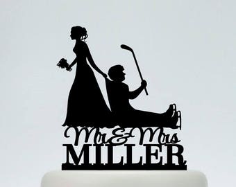 Wedding Cake Topper,Hockey Themed Ball Cake Topper,Bride Dragging Groom Cake Topper,hockey stick cake topper,Mr and Mrs Cake Topper C199