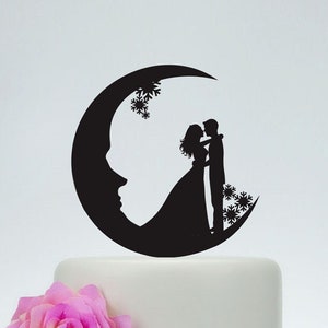 Topper de gâteau de mariage, topper de gâteau de lune, topper de gâteau personnalisé acrylique, topper de gâteau de flocon de neige, topper de gâteau d’amour, mariée et silhouette de marié P150