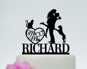 Bride and Groom With Pets,Mr and Mrs Cake Topper,Custom Wedding Cake Topper,Dog Cake Topper,Cat Cake Topper,Funny Cake Topper C196