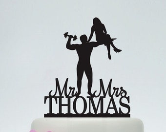 Muscle Man And Beauty Silhouette,Wedding Cake Topper,Custom Cake Topper With Surname,Mr And Mrs Cake Topper,Bride And Groom Topper C102