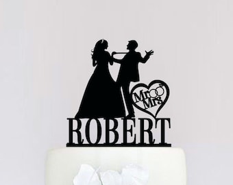 Funny Wedding Cake Topper,Mr and Mrs Cake Topper With Last Name,Custom Cake Topper,Bride and groom Silhouette,Unique Cake Topper C074