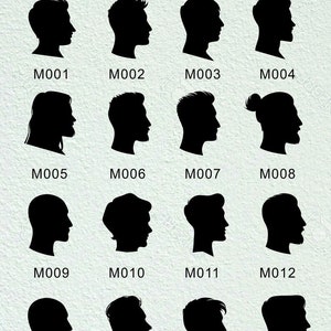 Op de afbeelding: Een set van 16 zwart-wit silhouetbeelden van verschillende mannenkapsels. De afbeeldingen zijn gelabeld met de nummers M001 tot en met M016.