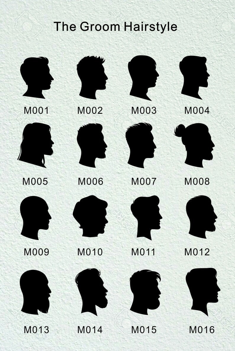 Op de afbeelding: Een set van 16 zwart-wit silhouetbeelden van verschillende mannenkapsels. De afbeeldingen zijn gelabeld met de nummers M001 tot en met M016.