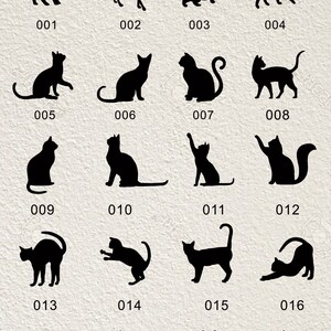 May include: A chart with 20 black silhouette images of cats in various poses. The images are numbered 001 through 020.