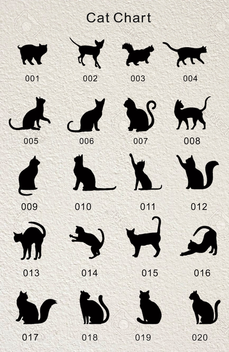 May include: A chart with 20 black silhouette images of cats in various poses. The images are numbered 001 through 020.