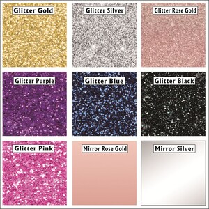 May include: Nine different colors of glitter and mirror finishes.  The colors are gold, silver, rose gold, purple, blue, black, pink, mirror rose gold, and mirror silver.