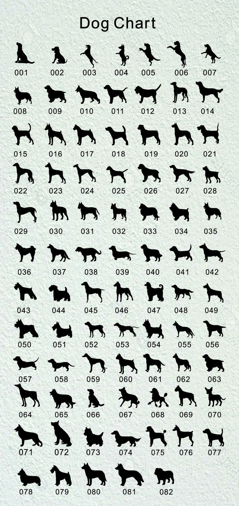 Op de afbeelding: Een grafiek met zwarte silhouetten van 82 verschillende hondenrassen, genummerd van 001 tot 082. De grafiek is op een witte achtergrond.
